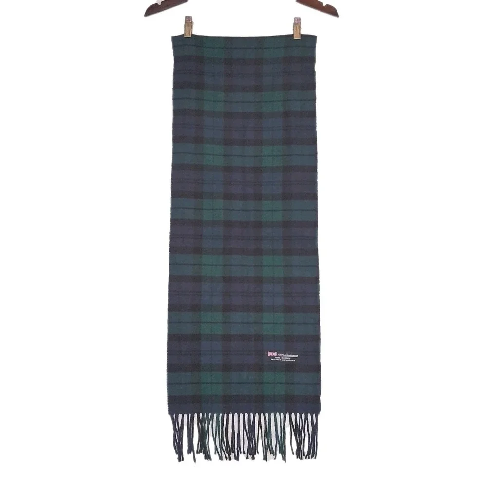 100% Cashmere Men's Scarf Green Blue Plaid Tartan Made in Scotland 65